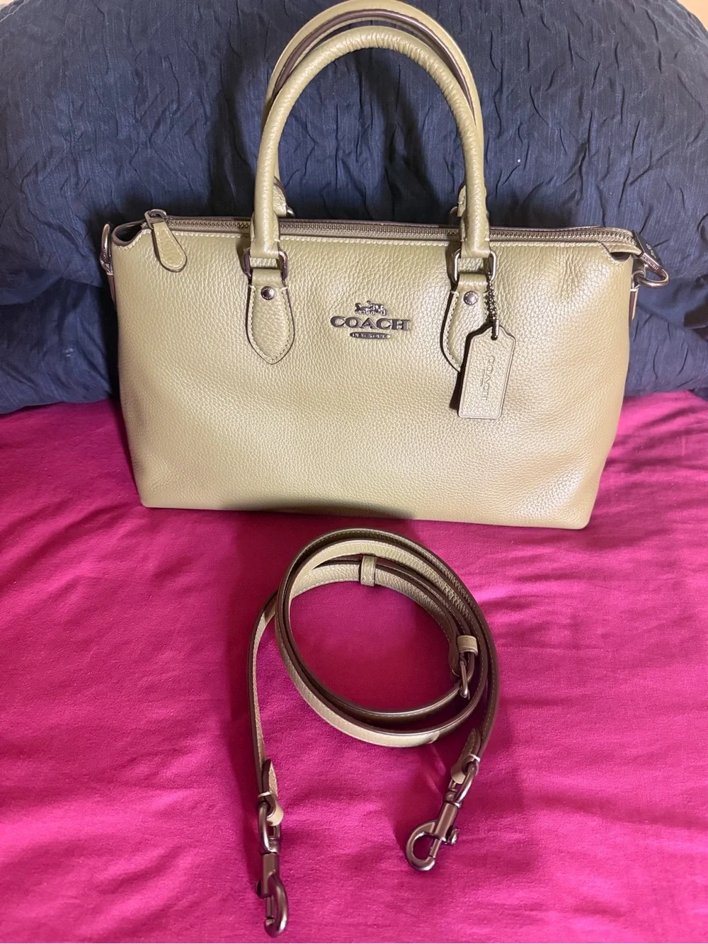 Coach Olive Green Pebbled Leather Satchel with Detachable Strap